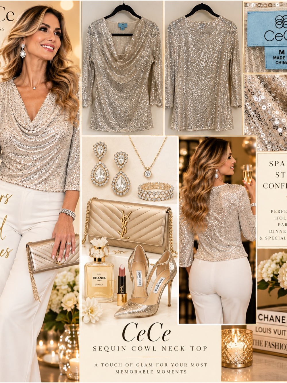 CeCe Sequin Cowl Neck Top - Champagne Gold